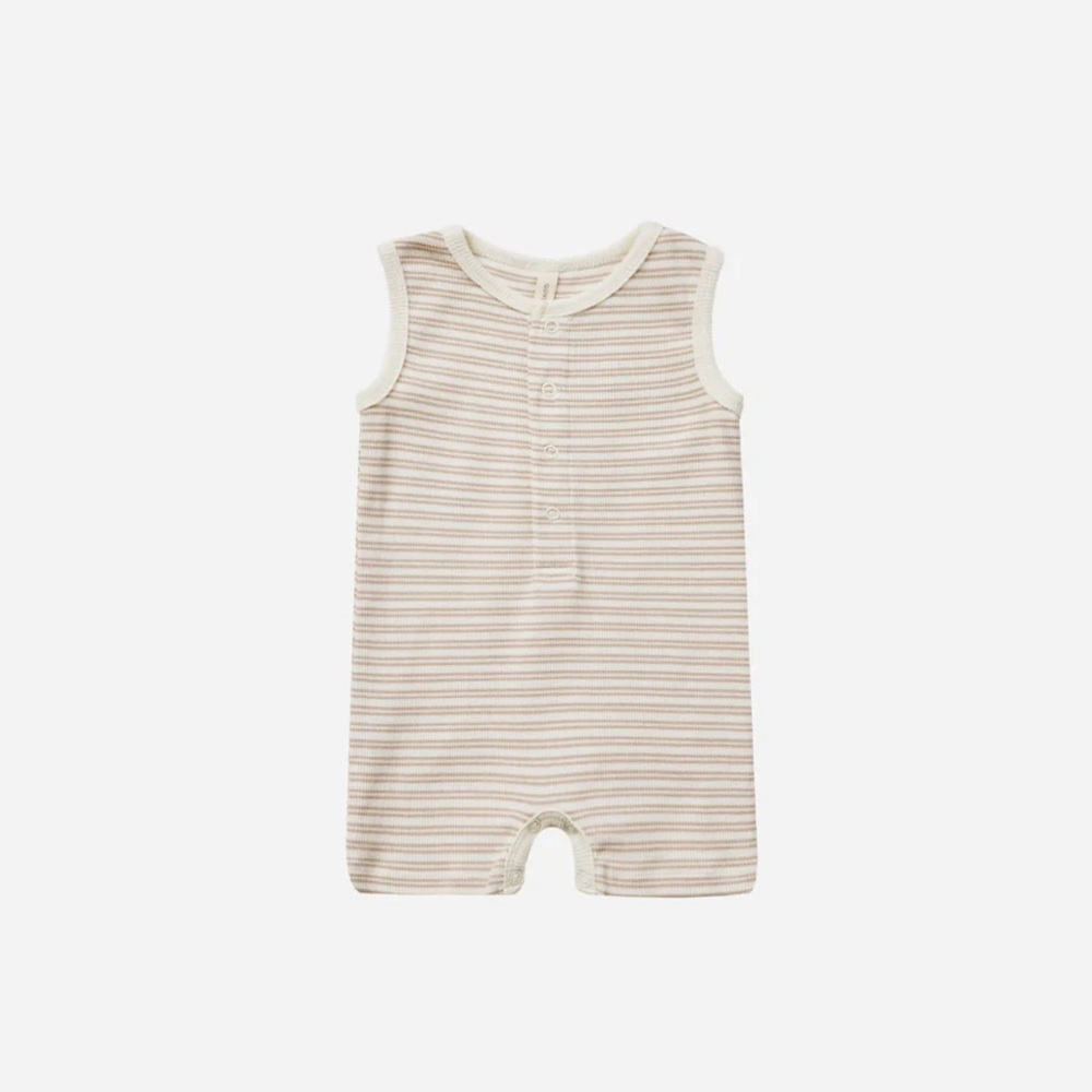 QUINCY MAE Ribbed Henley Romper Oat Stripe